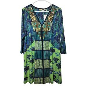 Soft Surroundings Blue and Green Embellished V-Neck Tunic
